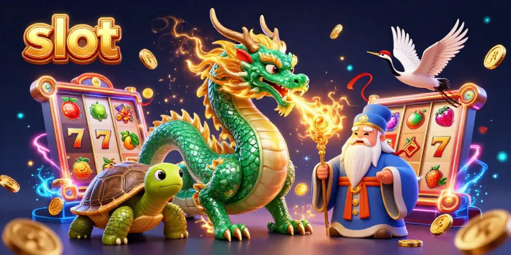 Experience excitement in this vibrant slot illustration featuring a dragon, turtle sage, and lucky cranes.