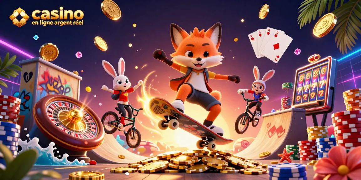 Jouez à des jeux de casino en ligne argent réel avec des personnages animés captivants et des jetons dorés.