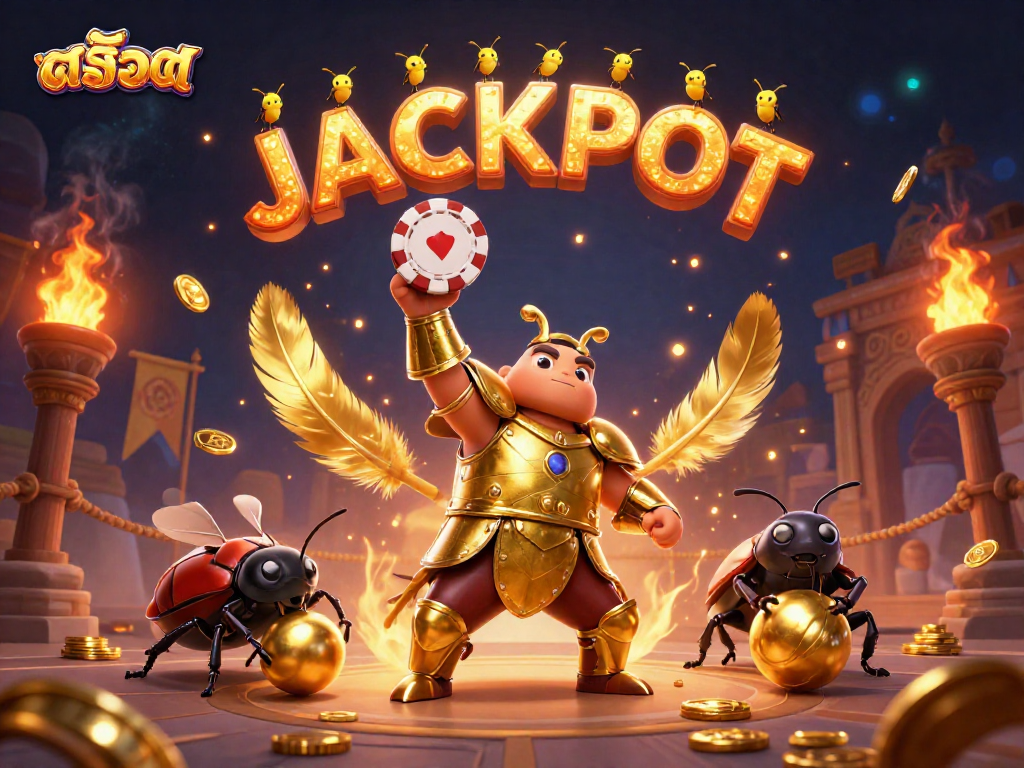 Experience สล็อต thrills as a heroic beetle lifts a winning poker chip surrounded by golden symbols.