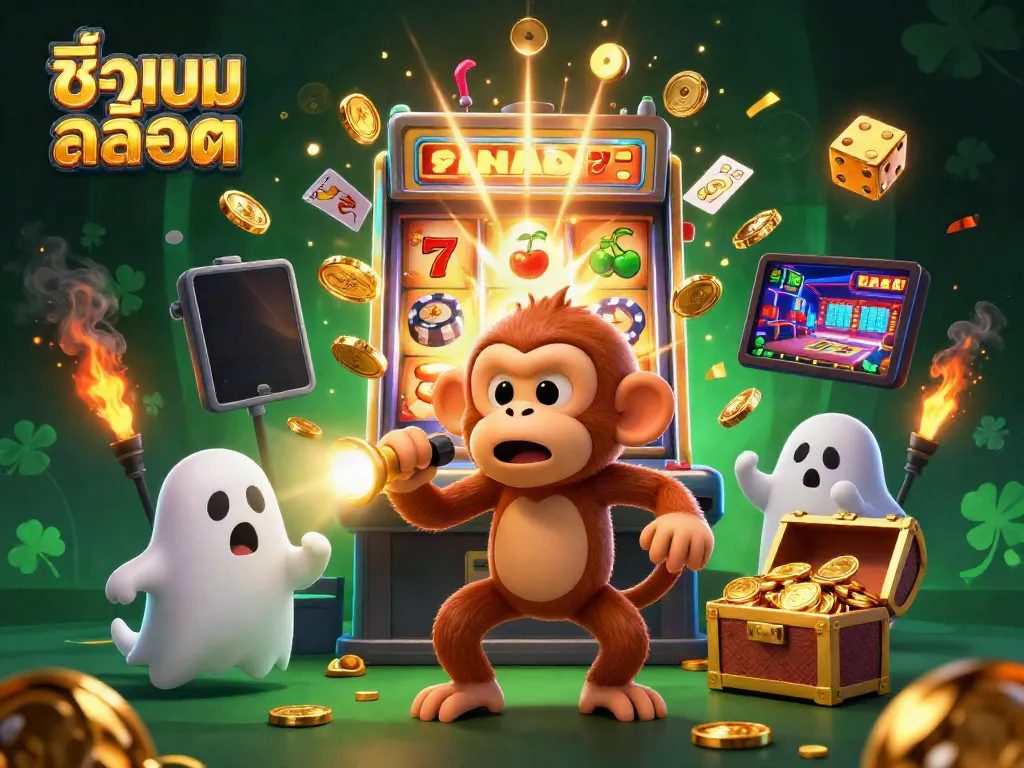 Experience the excitement of ชื่อเกมสล็อต with a poltergeist monkey and ghost-hunter puppy in a lively casino.