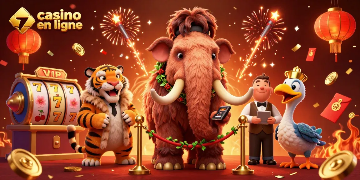Profitez d'une expérience casino en ligne immersive avec un mammouth gardien et une ambiance festive.