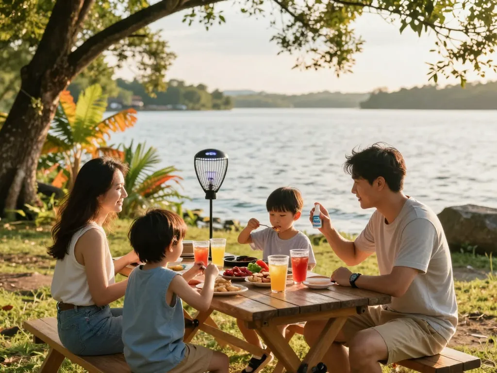 Family enjoying a lakeside barbecue while using the Best Mosquito Repellent for outdoor protection.