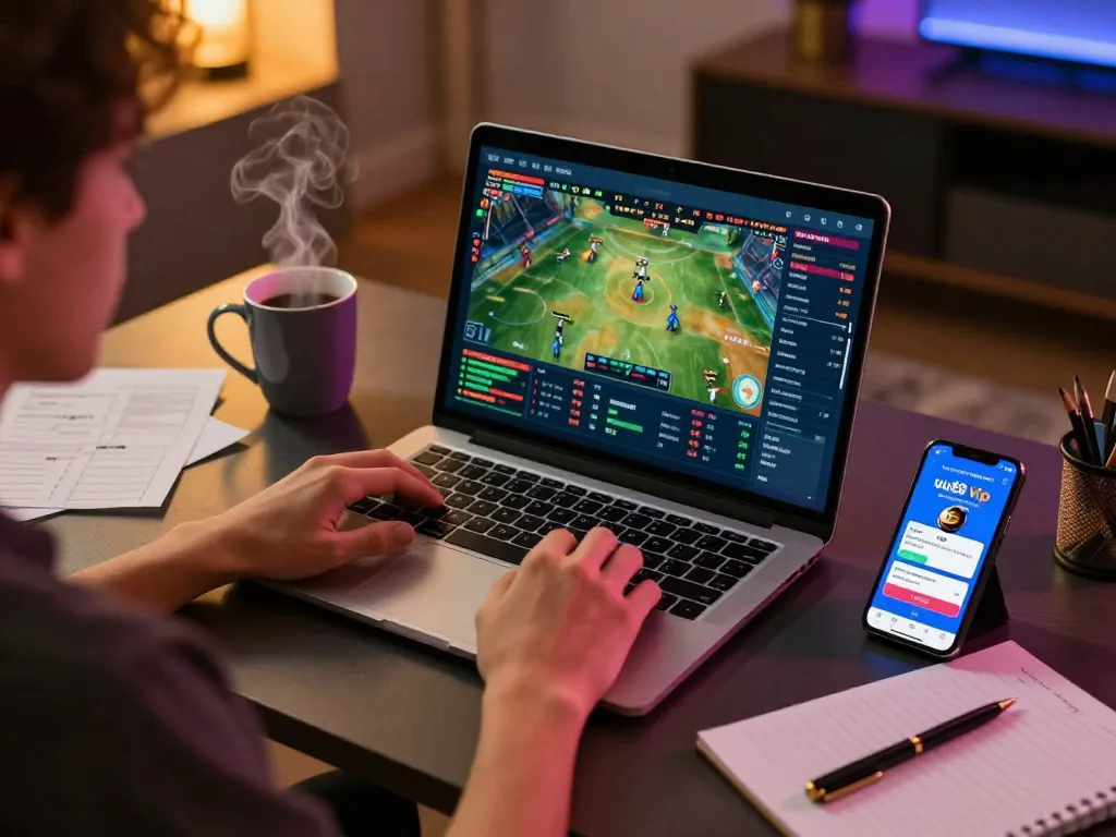 uu88 vip user engaged in sports betting on a laptop, showcasing dynamic online gaming.