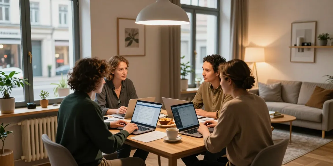 Monteurzimmer mieten Hannover in gemütlichem Apartment mit Geschäftsreisenden, die entspannt diskutieren.