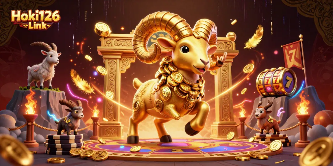 Play and win big with Hoki126 Link in an exhilarating casino scene featuring a golden ram and slots.