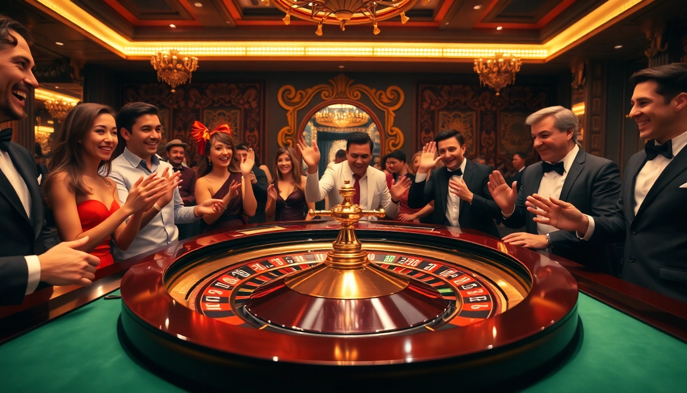 Menampilkan kasino KUY4D yang megah dengan meja roulette dan pemain yang bersemangat.