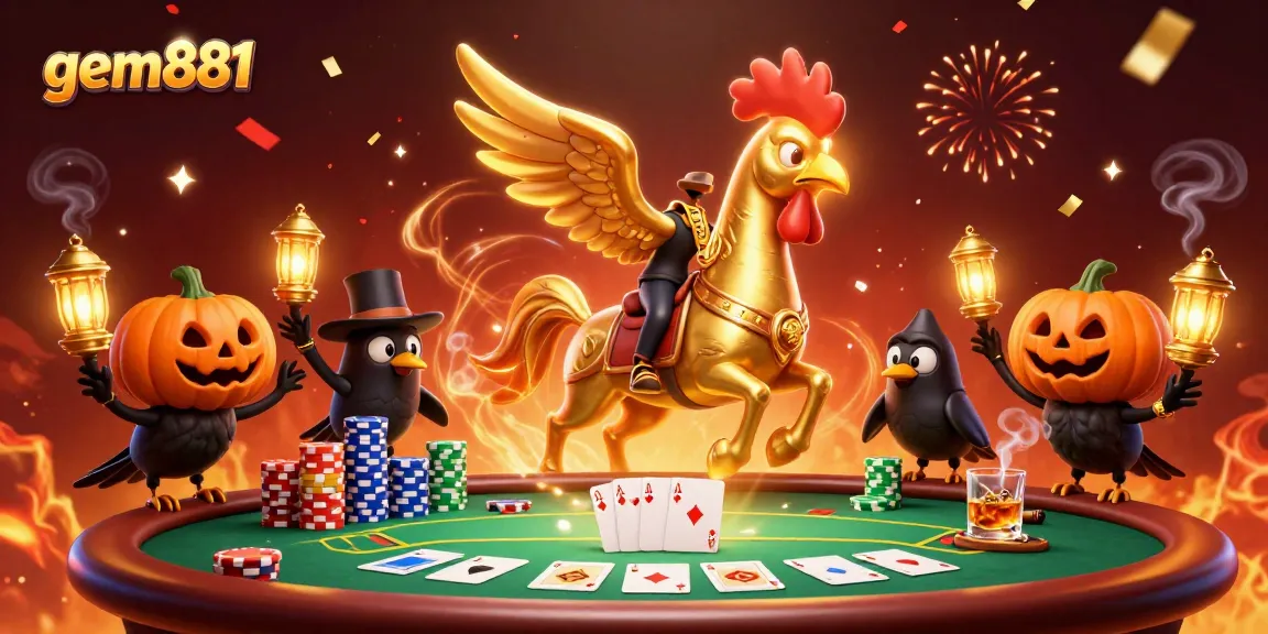 Experience the thrilling atmosphere of gem881 casino featuring a golden rooster and poker action.