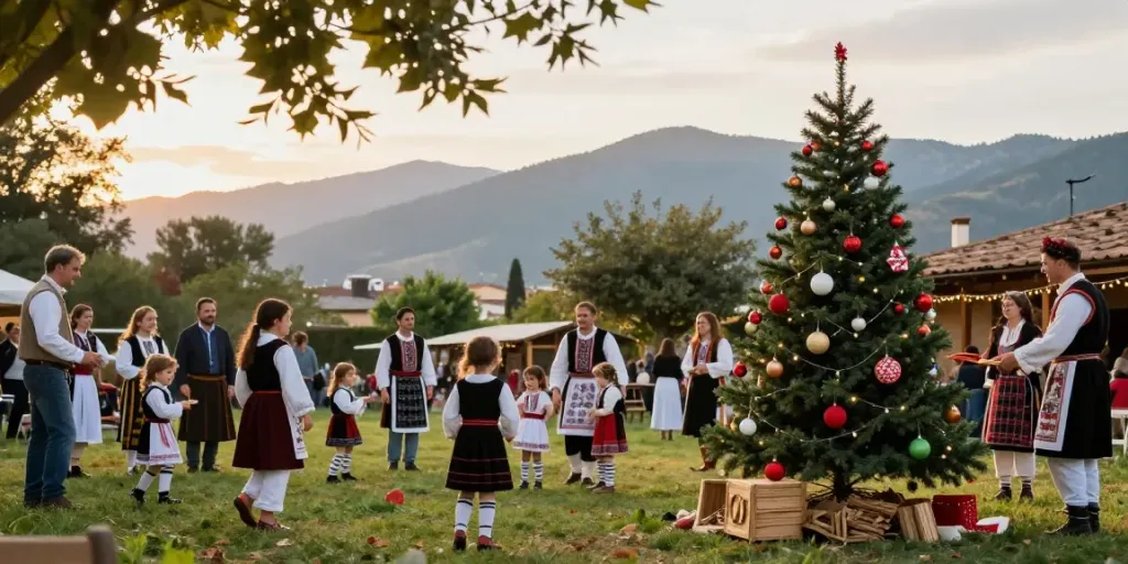 Οικογενειακή συγκέντρωση γύρω από παραδοσιακό Χριστουγεννιάτικο δέντρο, αναδεικνύοντας τις ρίζες του πολιτισμού Ellados Paradoseis.