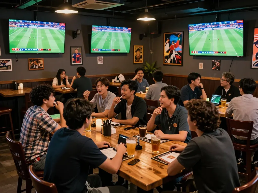 Bongdalu users engaging in live sports betting at a vibrant sports bar with multiple screens displaying matches.