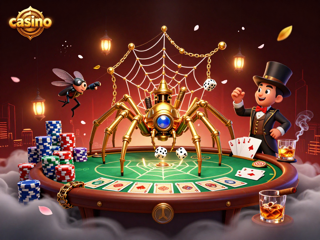 Experience the excitement of a casino with a steampunk golden spider capturing dice amidst vibrant poker elements.