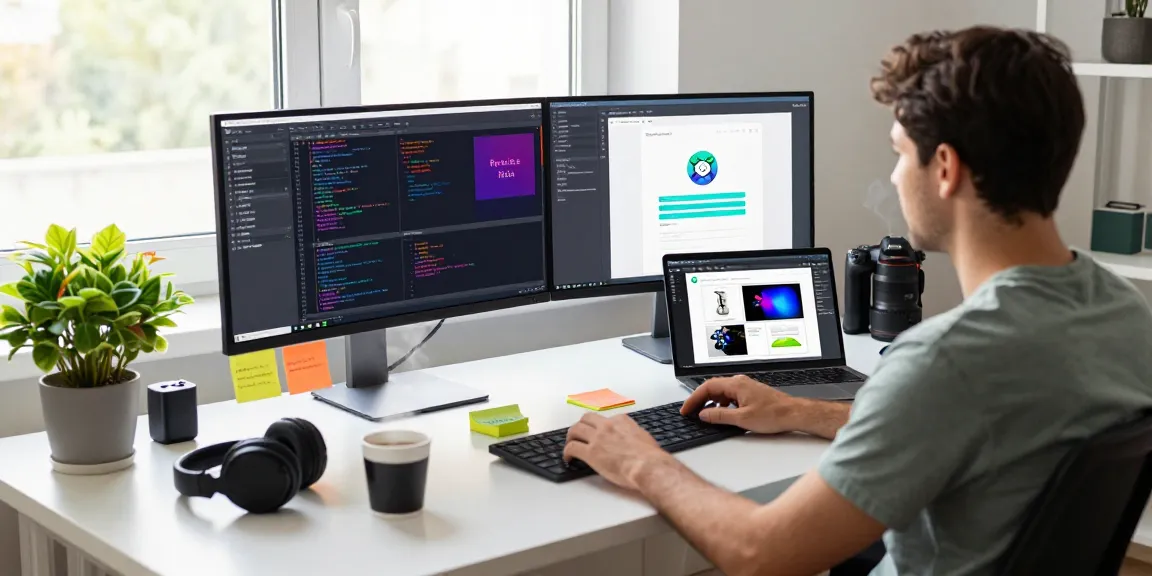 Frontend development with React workspace showcasing a developer coding and designing applications in an inspiring tech environment.