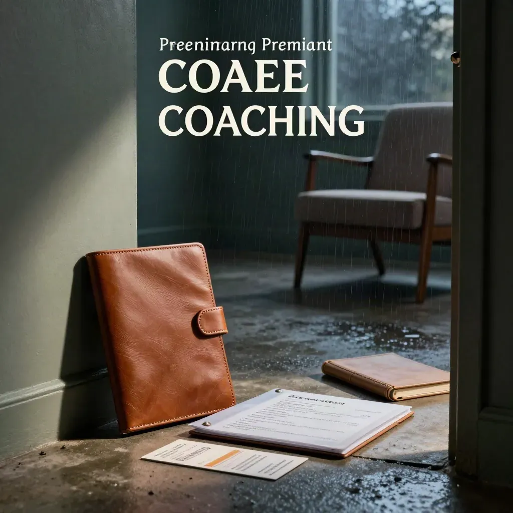 Rainy blue-hour career coaching studio with portfolio case, resume sleeves and shadowed chair.