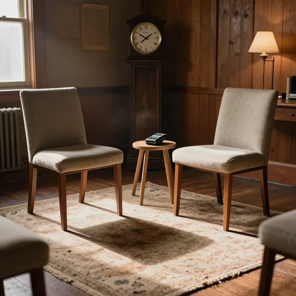 Empty interview chairs, clock, and voice recorder in a warm cozy room