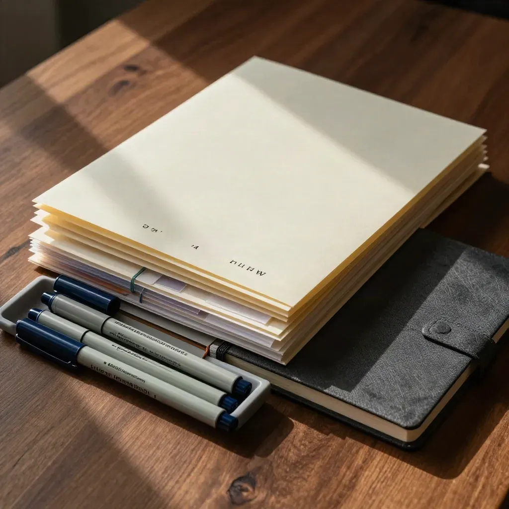 Top-down workshop folders, tabs, markers, and closed notebook on a walnut table.