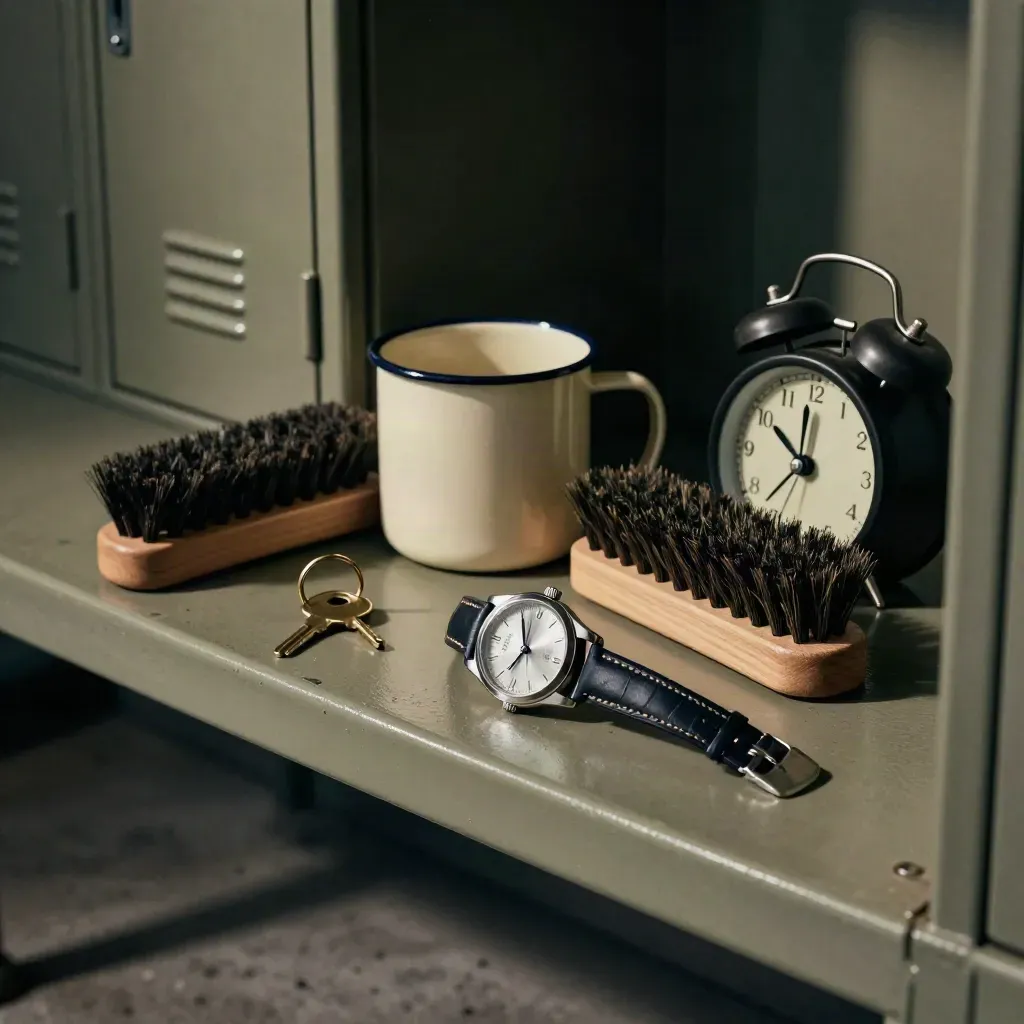 Watch, locker key, enamel mug, shoe brush, and alarm clock on a locker-room bench in moody light.