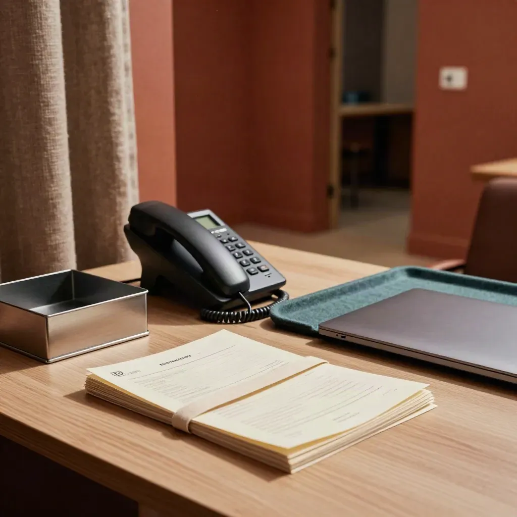 Onboarding simulation station with phone, face-down forms, inbox tray and closed laptop in warm office light.
