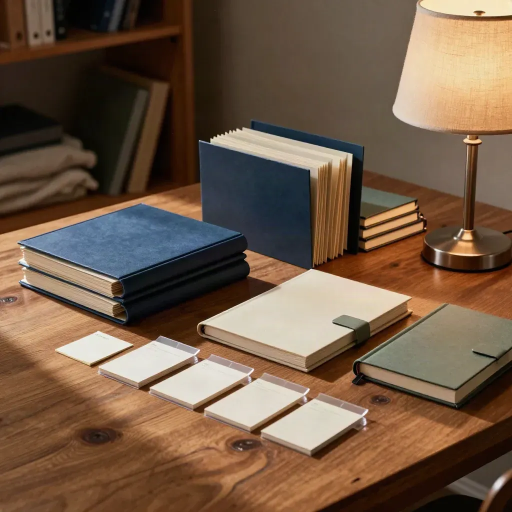 Career prep table with folders, tabs, notebooks, and a dorm lamp in warm study light.