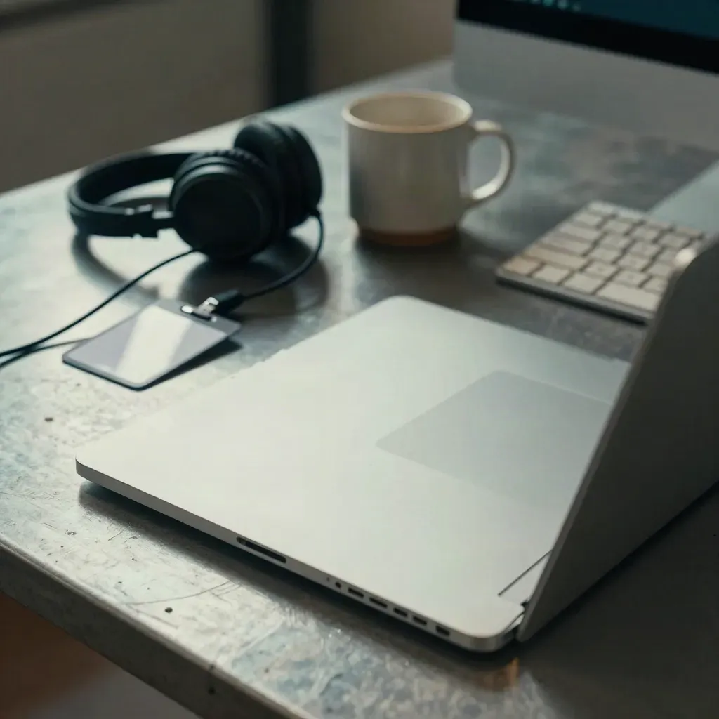 Closed laptop, badge sleeve, headset, mug, and keyboard on a quiet onboarding desk.