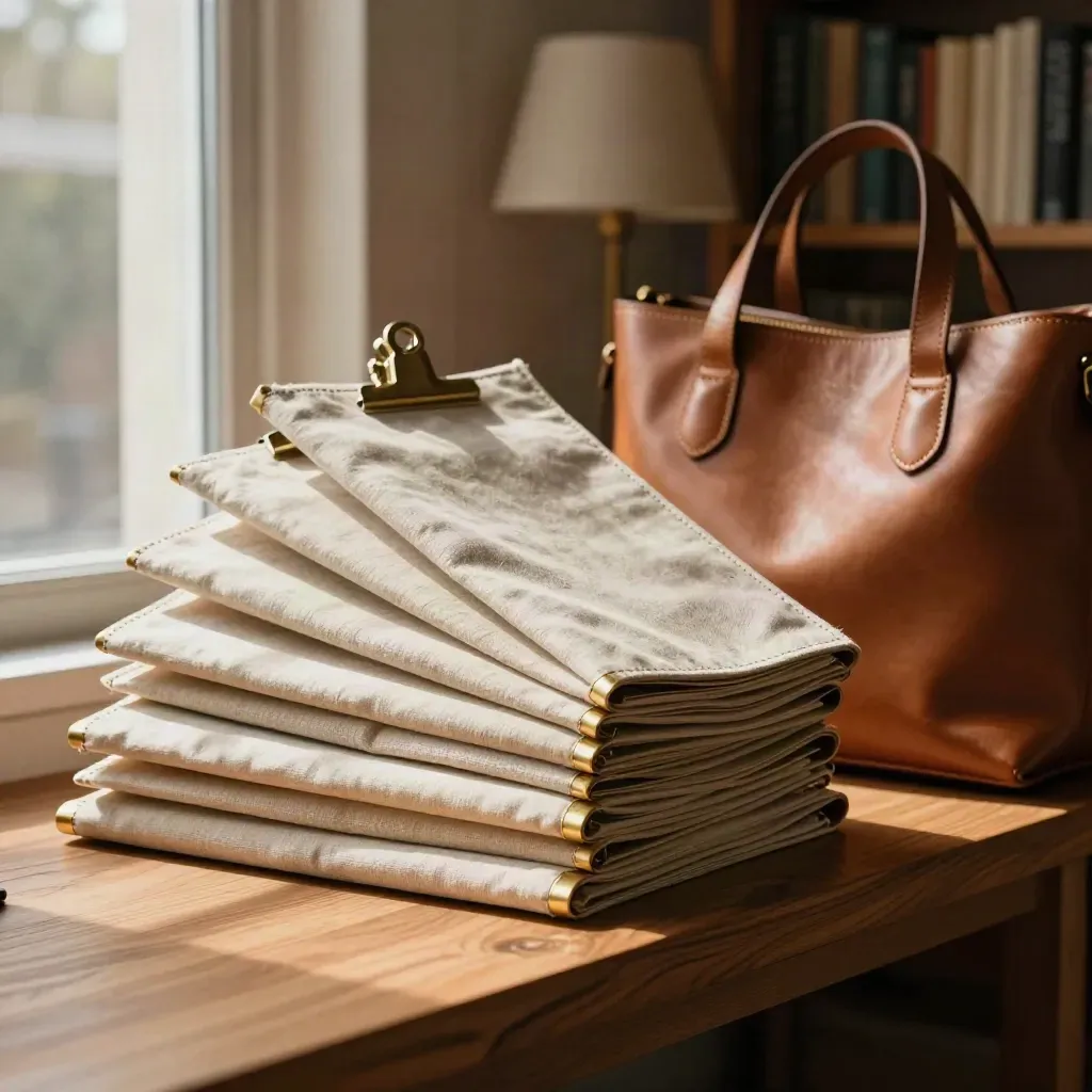Five portfolio sleeves and a leather tote on a sunlit oak bench, ready for a new admin role.