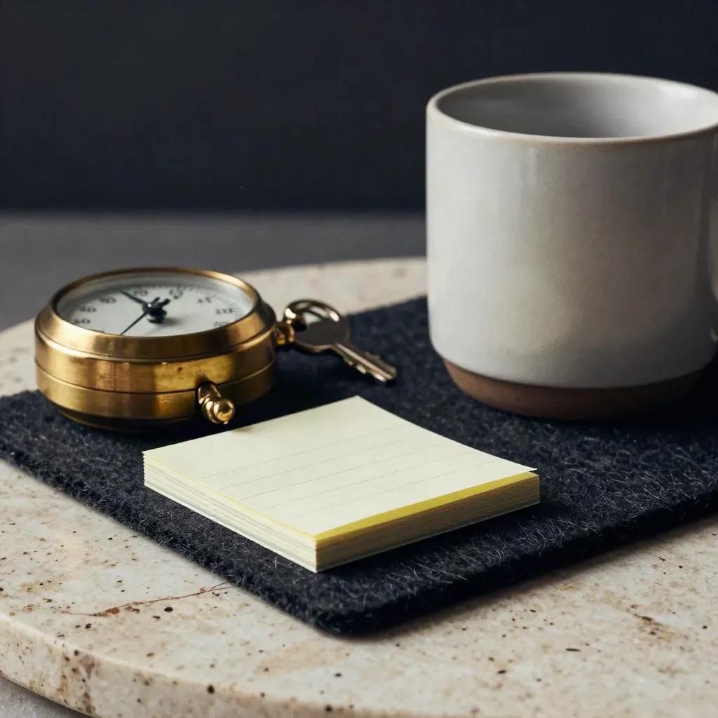 Brass timer, face-down prompt cards, sticky tabs, and a mug on felt in dramatic light.