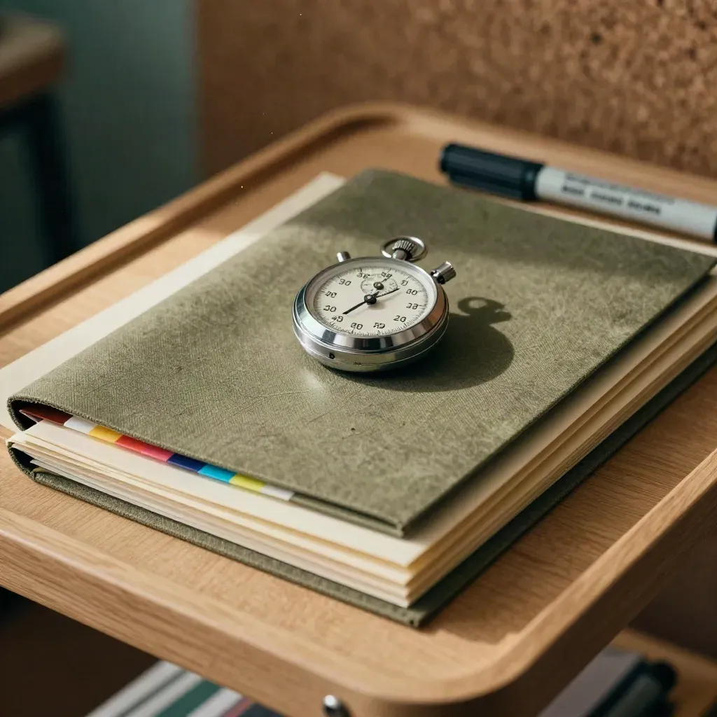 Macro still life of a stopwatch, tabbed folders and markers on a pale oak training cart
