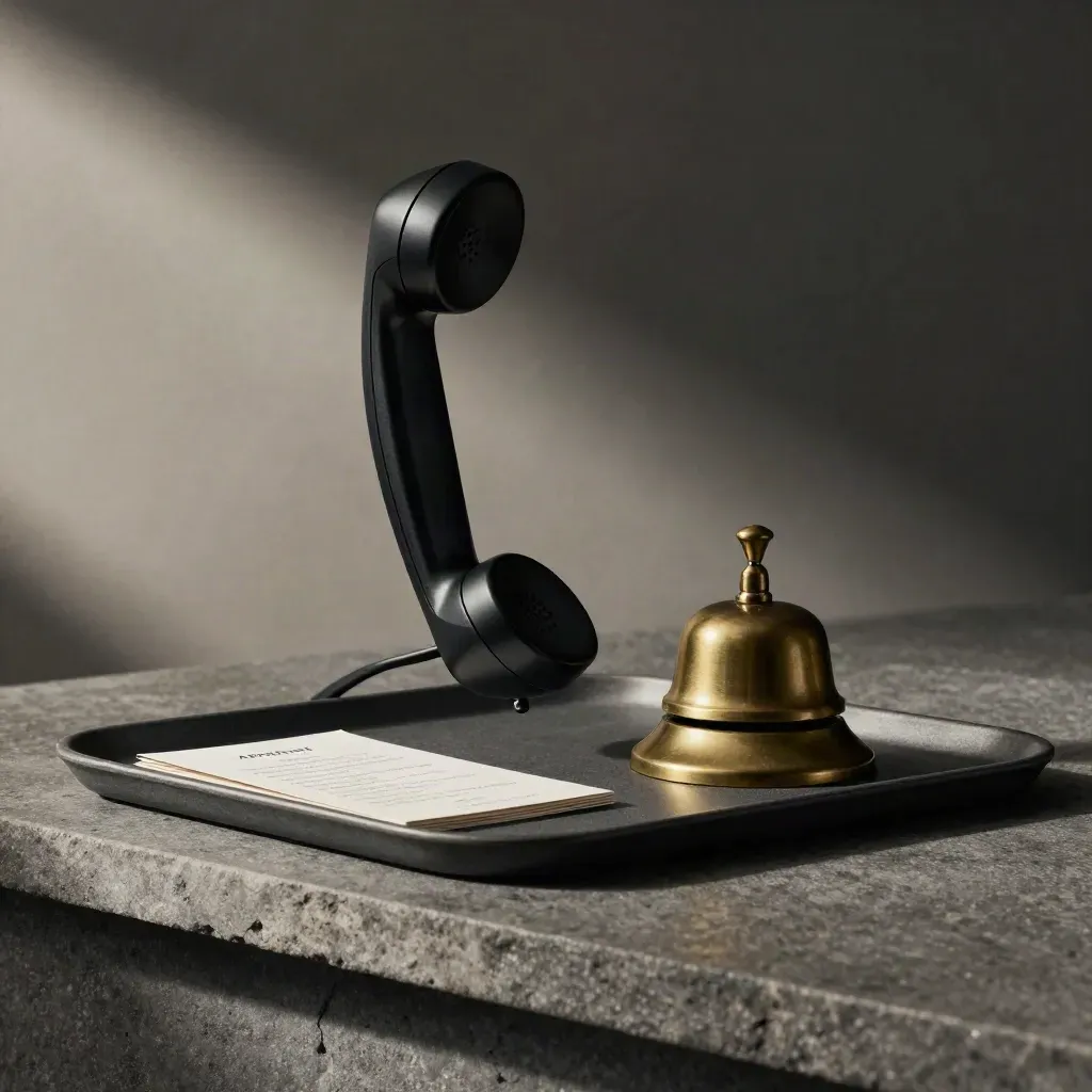 Lifted handset, brass bell, and appointment card sleeve on a stone shelf