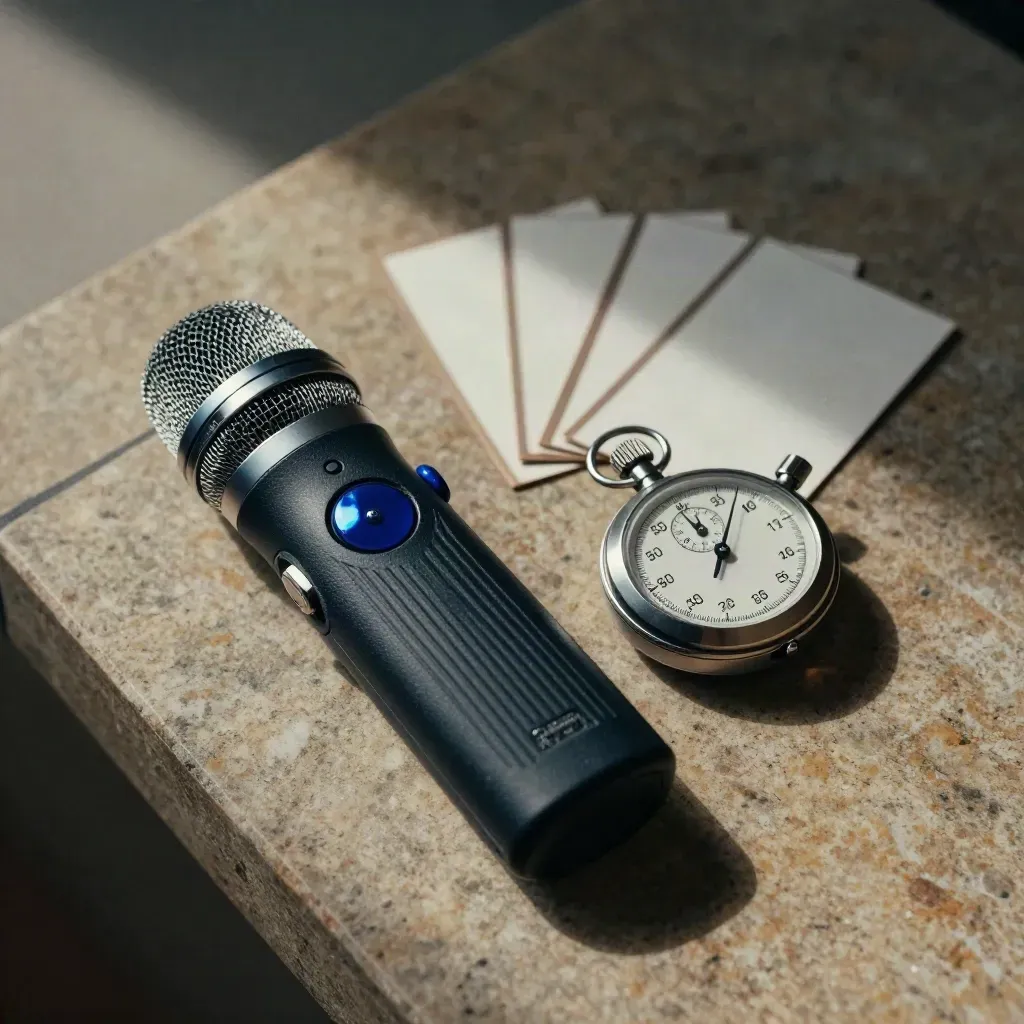 Voice recorder, stopwatch, and cue cards on limestone, set for another practice round.
