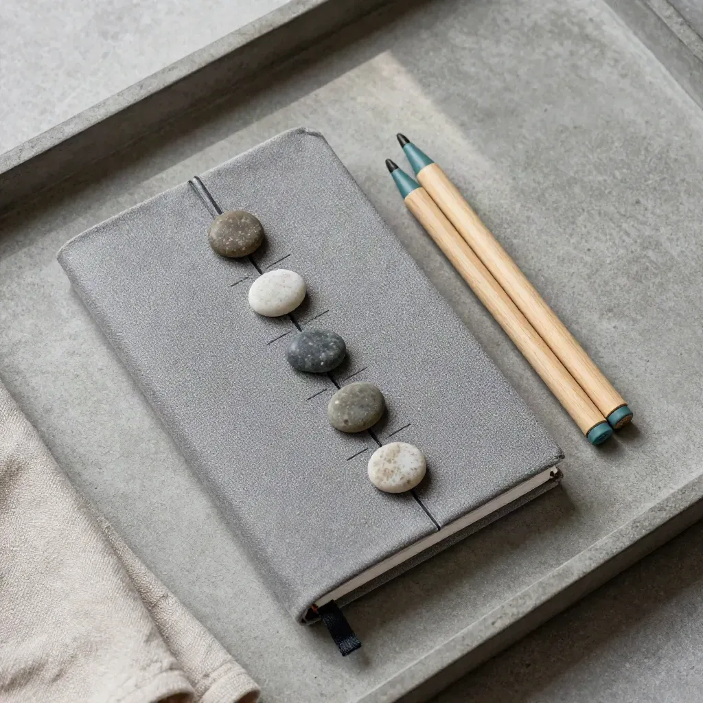 Overhead stone tray with closed tally notebook, five stone tokens, and wooden markers.