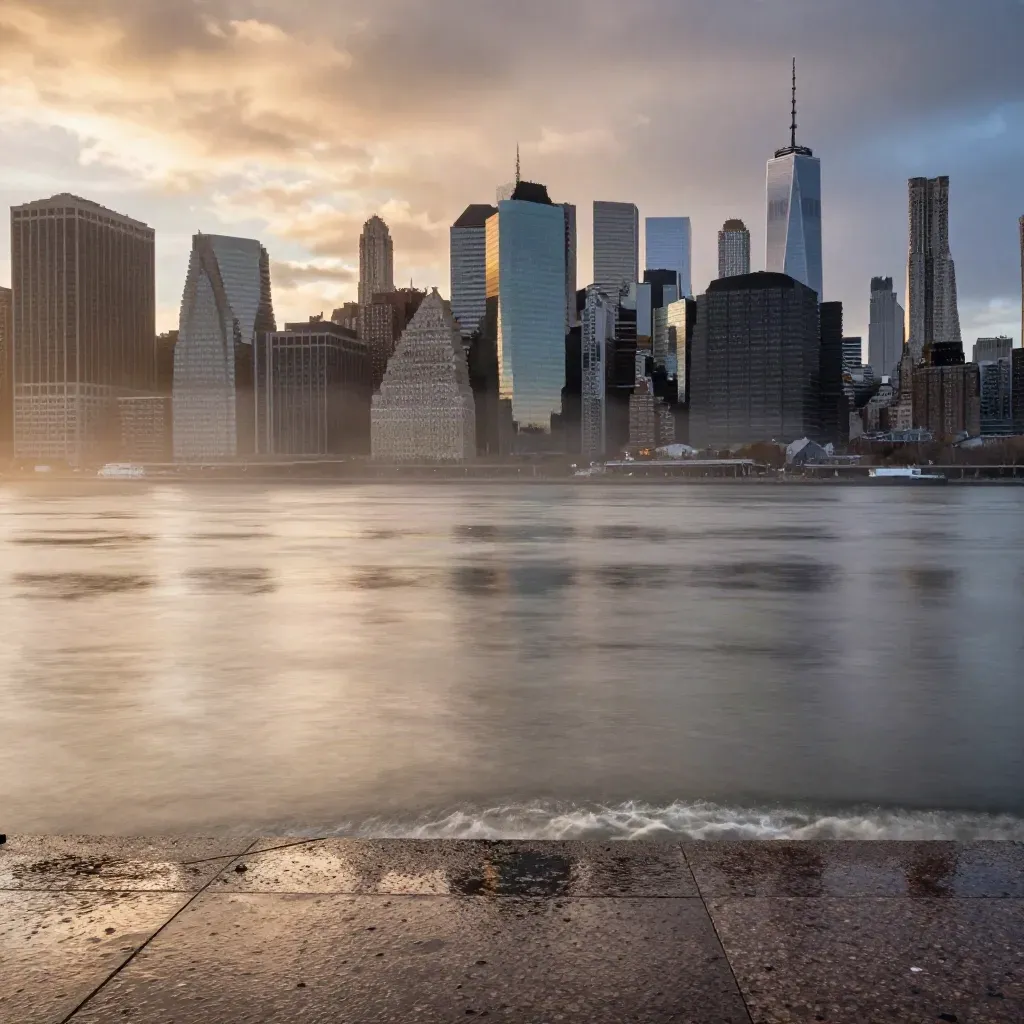 Manhattan skyline over the East River at sunset, rain clearing, ferries streaking, calm water below.