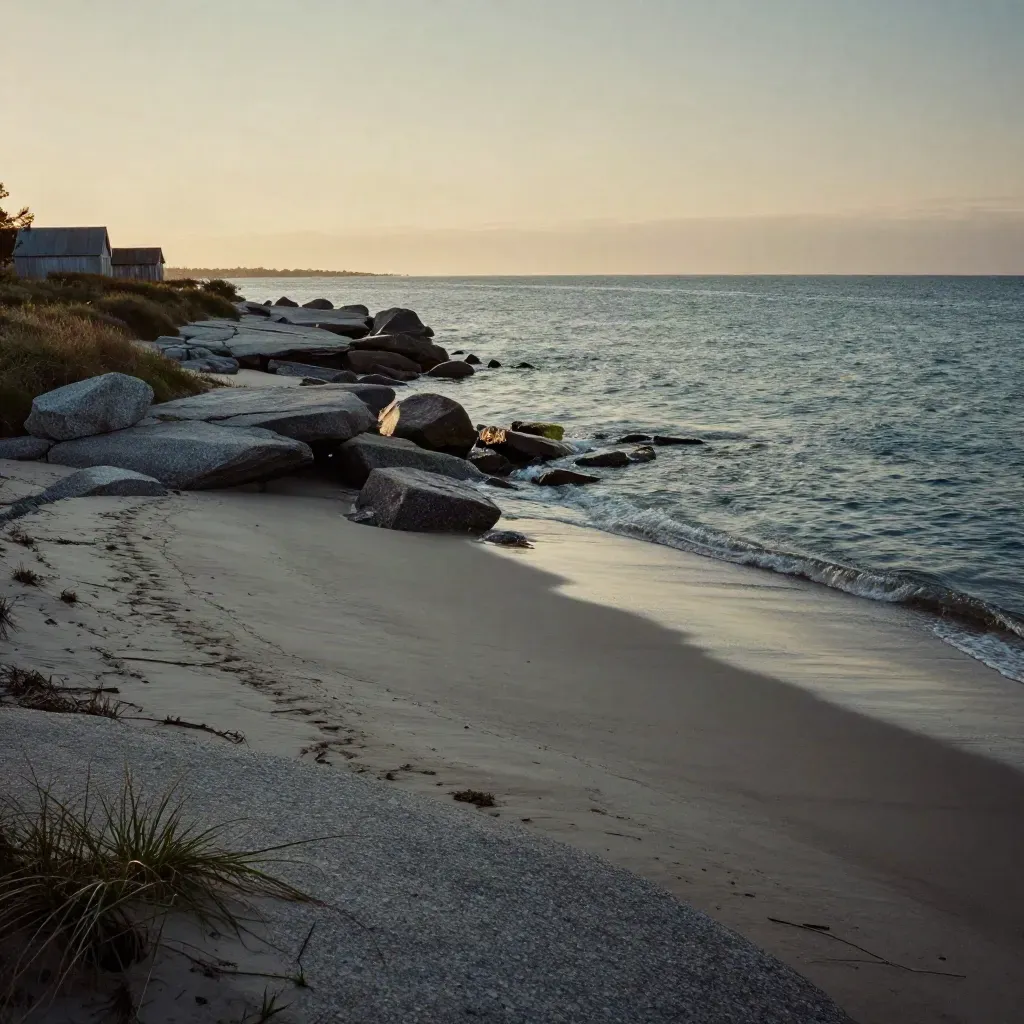 Amber Long Island Sound shoreline with granite ledges, harbor roofs, and calm water under haze.