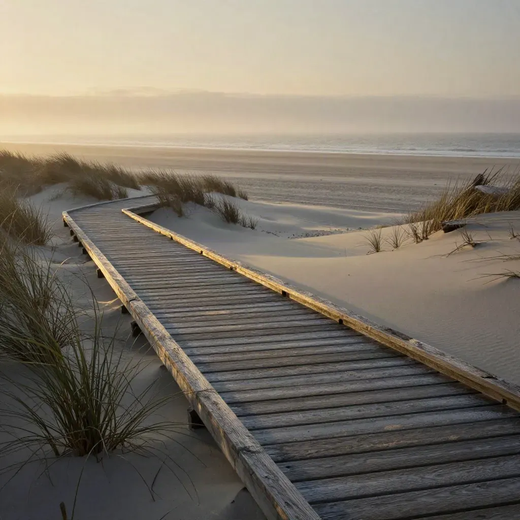 Dune grass and a weathered boardwalk edge above pale sand and a glowing Atlantic horizon.