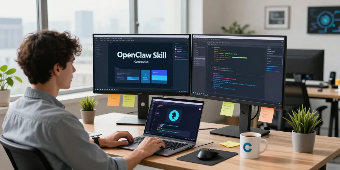 Dynamic developer workspace showcasing open claw skill customization tools with bright natural light and urban views.