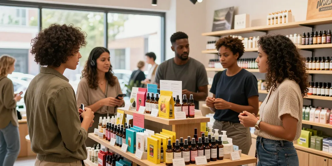Customers exploring white tiger spray in a vibrant herbal shop.