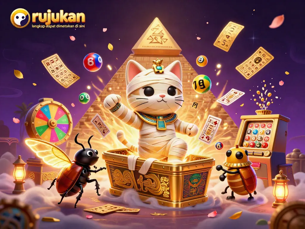 Rujukan lengkap dapat ditemukan di sini dengan kucing mumi 3D di kasino, dikelilingi bola lotere berwarna dan tiket emas.