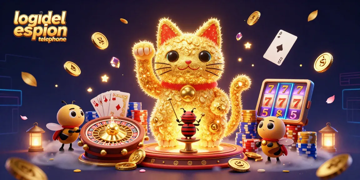 Jouez à des jeux de casino avec un logiciel espion téléphone, représentant un chat porte-bonheur animé et des éléments ludiques.