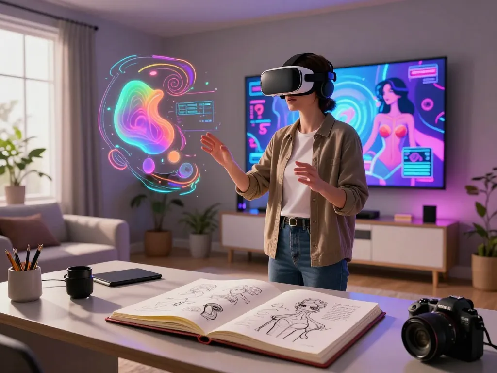 Immersive NSFW AI experience with user in VR headset exploring digital landscapes.