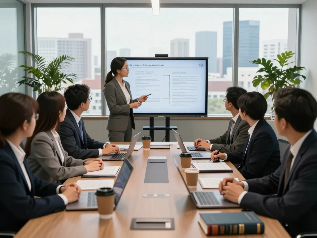 Collaboration among USA lawyers in a modern office setting, highlighting legal discussion and teamwork.