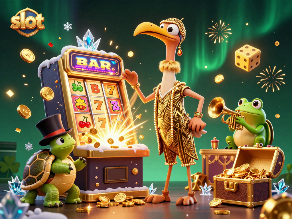 Spin the slot and win big with this vibrant 3D casino scene featuring delightful characters.