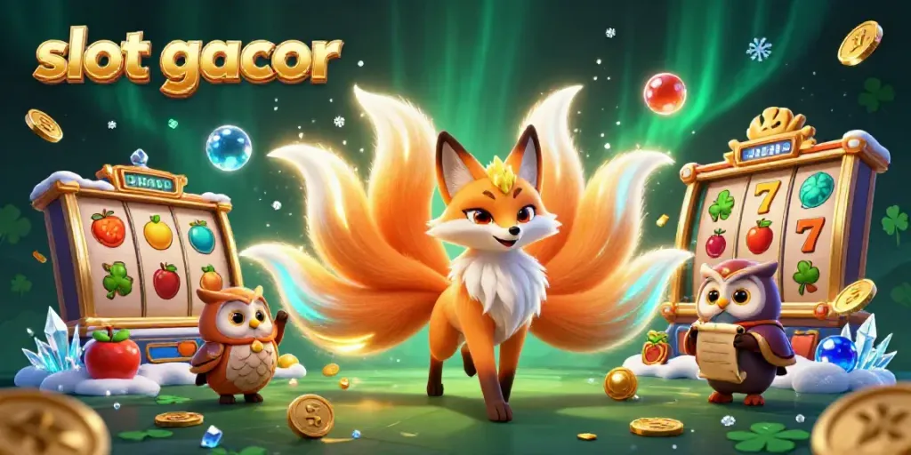 Engaging slot gacor artwork with a vibrant nine-tailed fox, owl sage, and dynamic casino symbols.