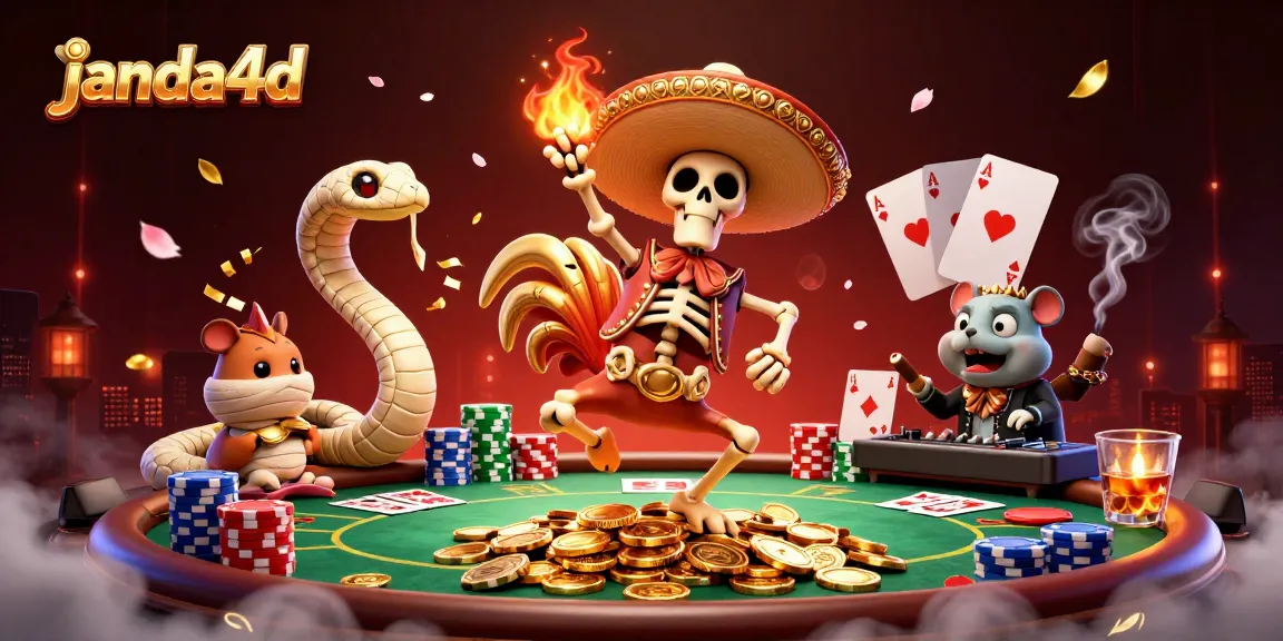 janda4d menyajikan ilustrasi yang meriah dengan karakter mangkuk poker dan barang utama kasino berkilau.