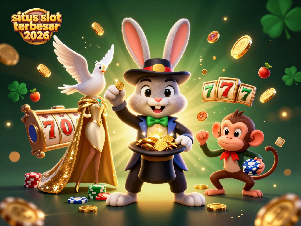 Situs slot terbesar 2026 menampilkan permainan slot dengan karakter menarik dalam ilustrasi 3D digital yang interaktif.