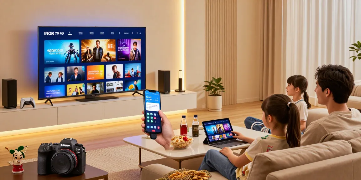 Enjoying Iron tv pro on a Smart TV in a modern living room with family, showcasing premium entertainment.