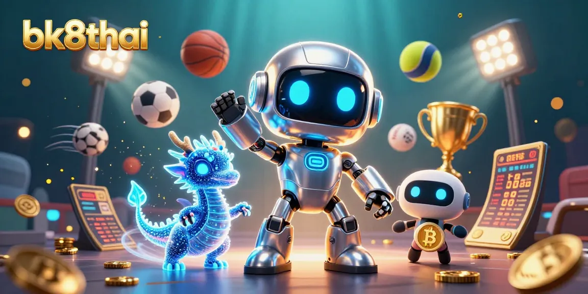 Experience dynamic gaming with bk8thai, showcasing a vibrant casino scene featuring a cyberpunk robot mascot and sports elements.