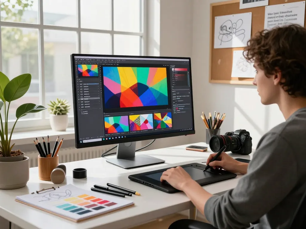 Dynamic workspace where a digital artist uses video to prompt analysis tools for creative video generation.