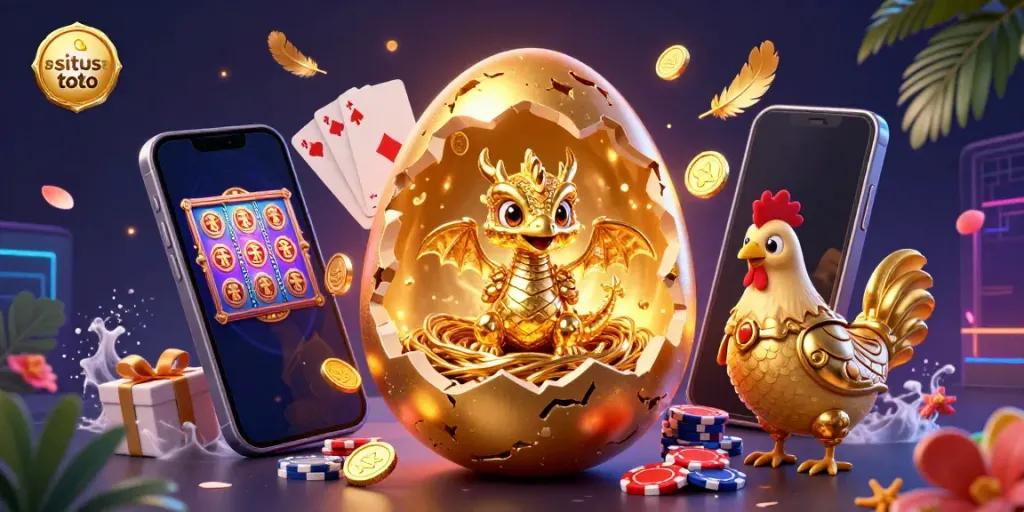 Win exciting prizes at situs toto with a golden dragon and dynamic casino elements in a vibrant 3D illustration.