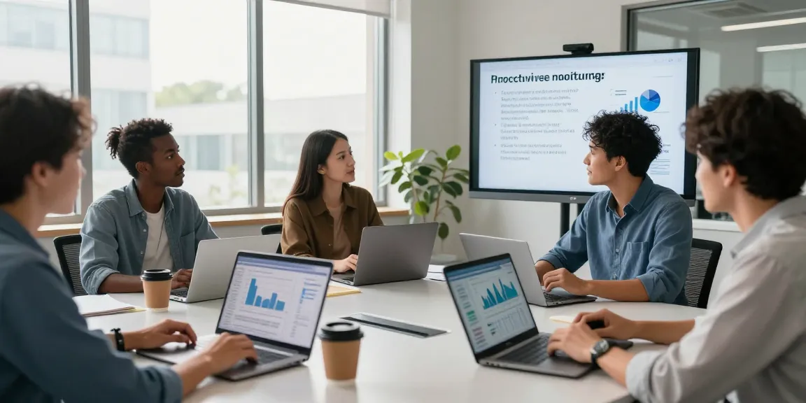 IT support for business meeting showcasing diverse professionals discussing proactive IT solutions in a modern office.