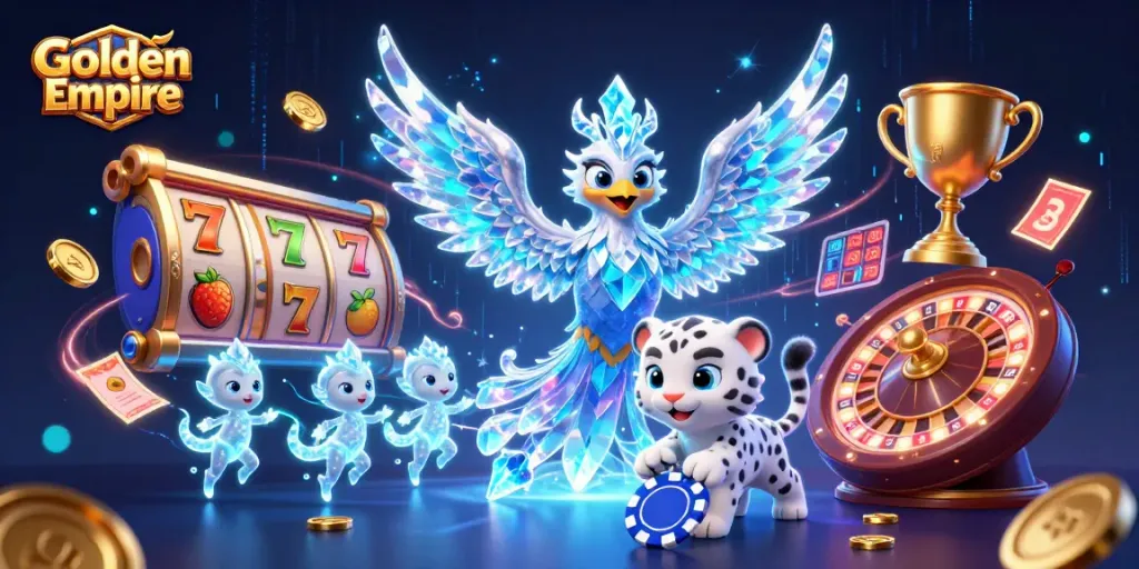 Experience the thrill of Golden Empire with an ice phoenix and playful sprites in a vibrant casino scene.