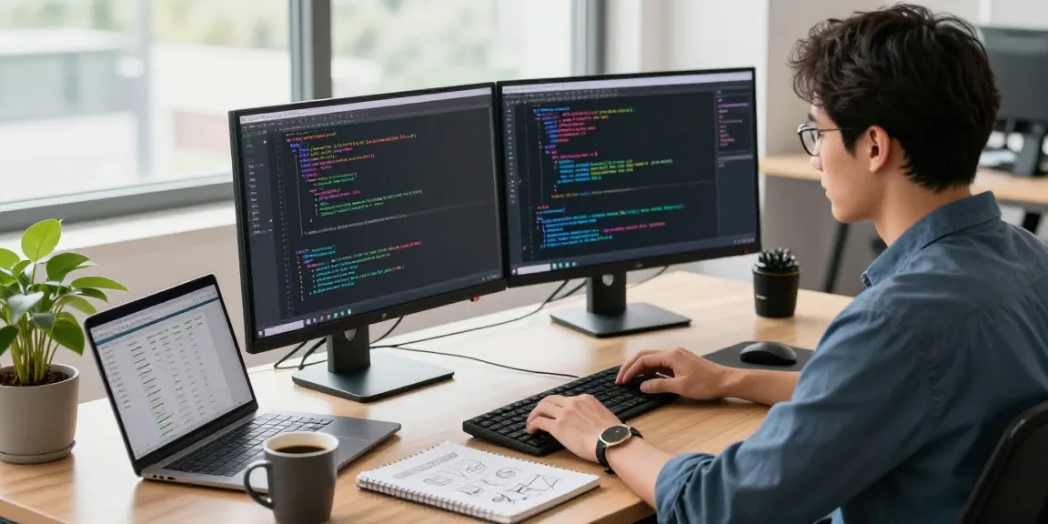 Software engineer coding in a modern office showcasing the innovative scene of teiegramin.com.
