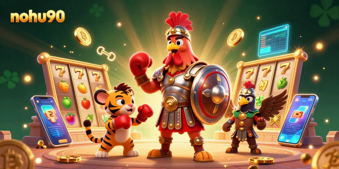 Nohu90 ignites excitement with a thrilling online slots scene featuring gladiator rooster and crypto elements