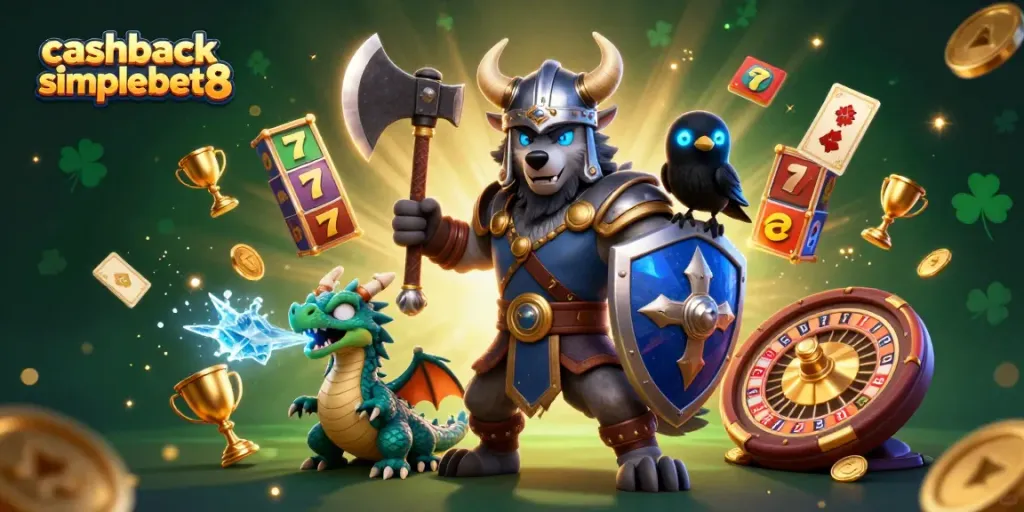 Experience cashback simplebet8 with an enchanting Viking wolf warrior, dragon, and casino elements in a vibrant scene.